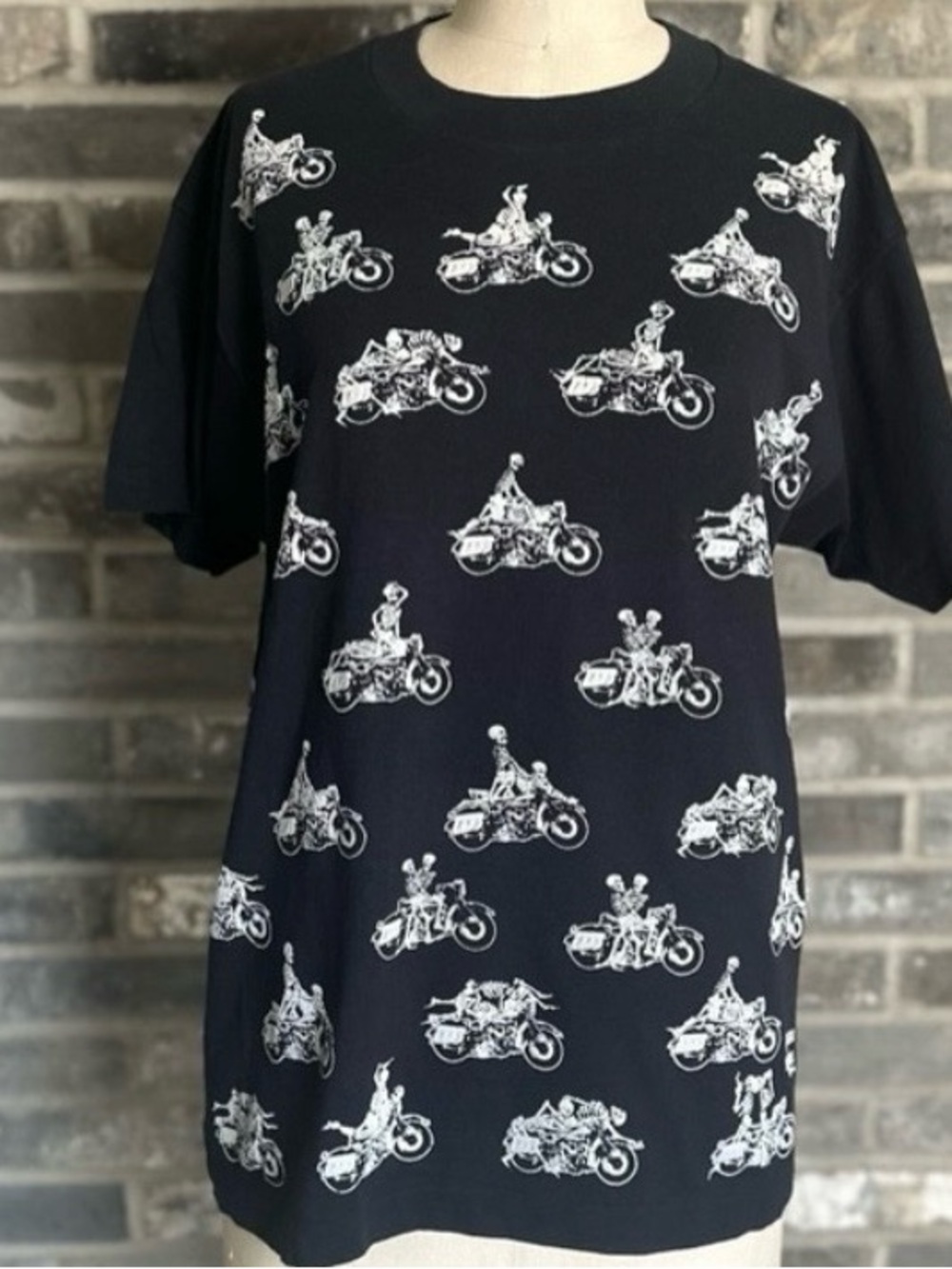 Vintage 1990 Screen Stars Skeleton Biker AOP T Shirt Motorcycle All Over Print L